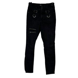 Hot Topic Denim Black Hi-Rise Super Skinny Jeans w/ Zippers D-Rings Goth Punk 3